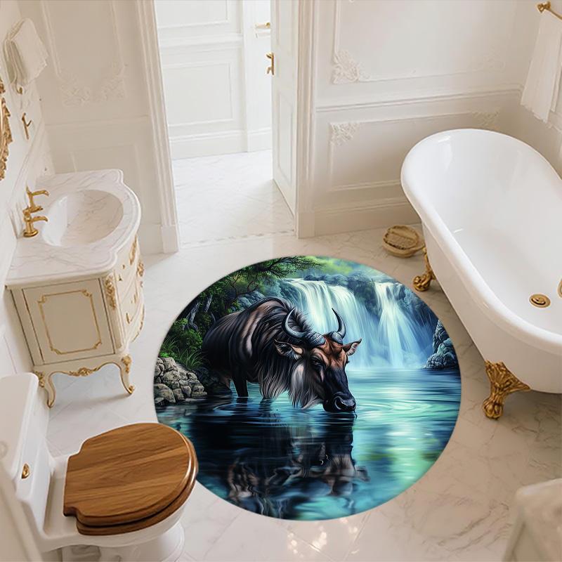 Wildebeest,Round Area Rug,Carpet Rug for Living Room Bedroom Sofa Playroom Decor,Non-slip Floor Mat