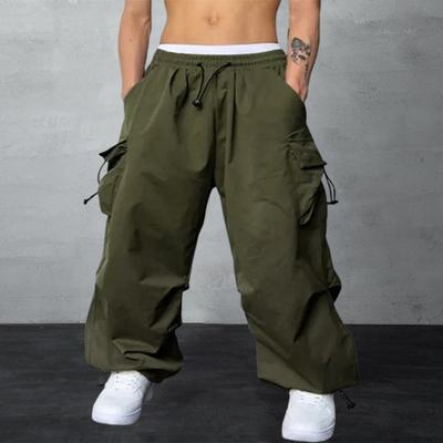 Men Cargo Pants Drawstring Elastic Waist Loose Deep Crotch Multi Pockets Solid Color High
