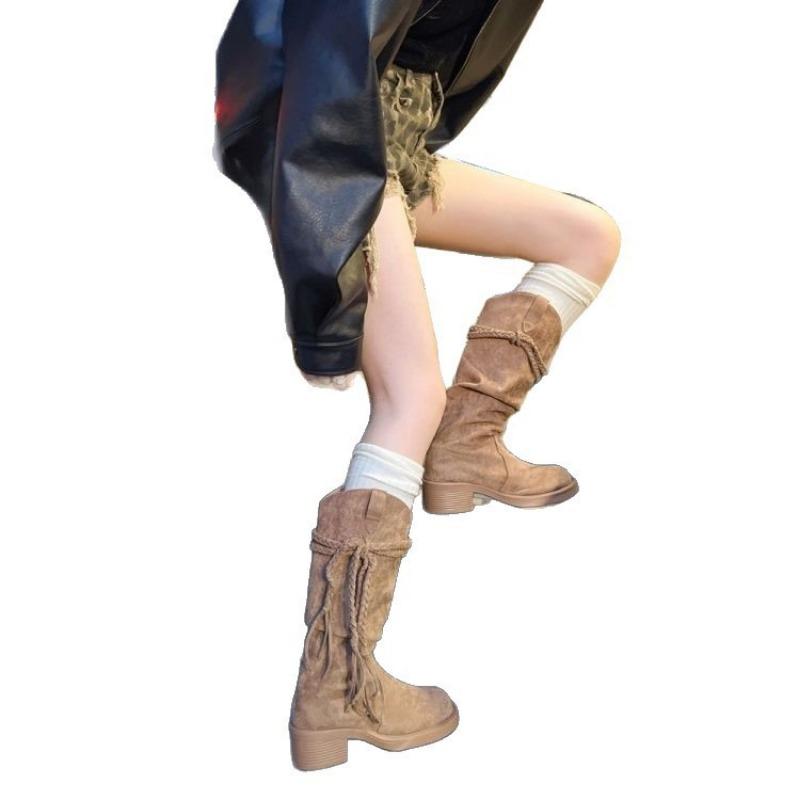 Herbst- und Winter Damen Schuhe und Stiefel Fransen dicker Absatz mittelhohe Stiefel Western Cowboy Stiefel Damen Stapel dünner Stiefel Damen