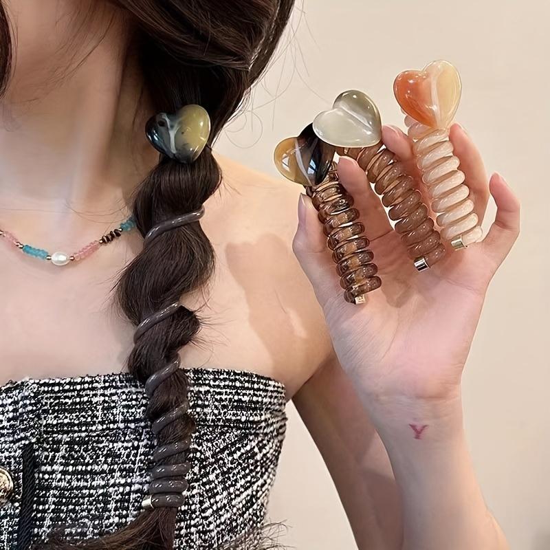 

4pcs Set Elegant & Cute Heart-Shaped Spiral Hair Ties - Resin, Colorful Ponytail Holders for Women and Girls 4pcs