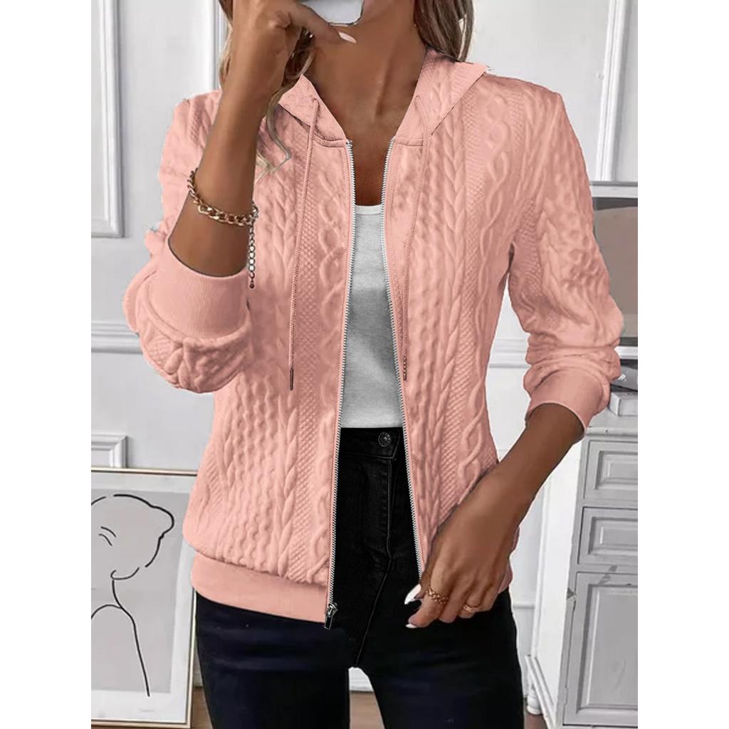 Ladies' Casual Jacket, V-neck, Long Sleeved Zipper, Front Opening, Solid Color Jacket, Zipper Jacket