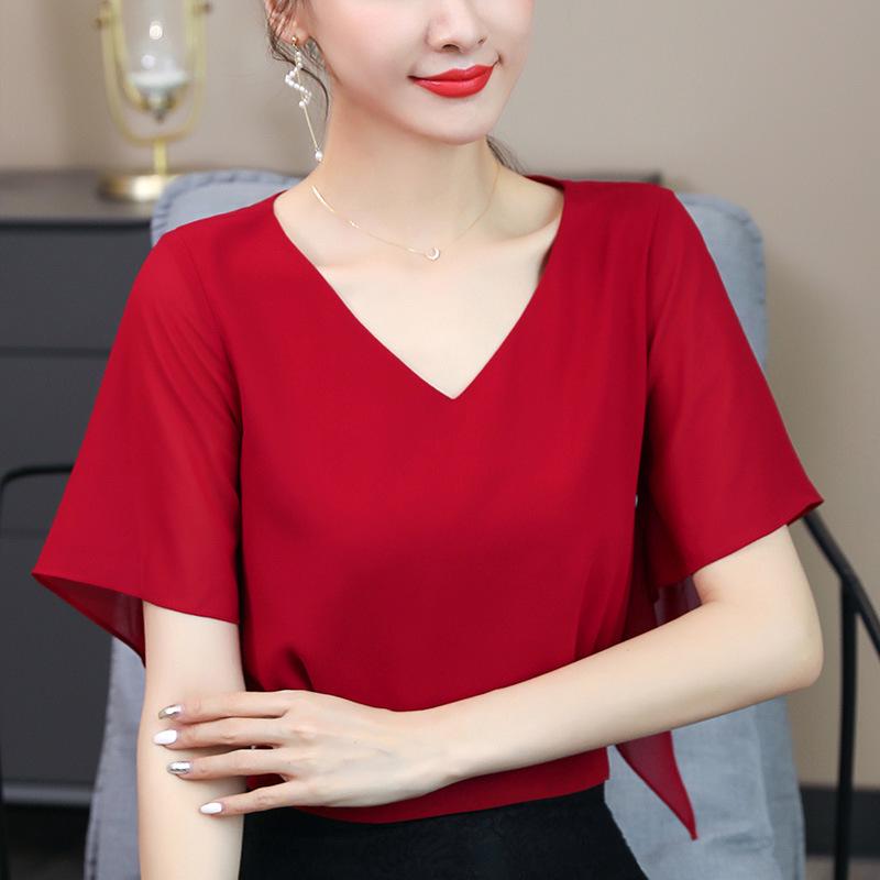 2023 Summer Women's Batwing Sleeve Chiffon Shirt - Short Sleeve Fashion Slim Fit Top
