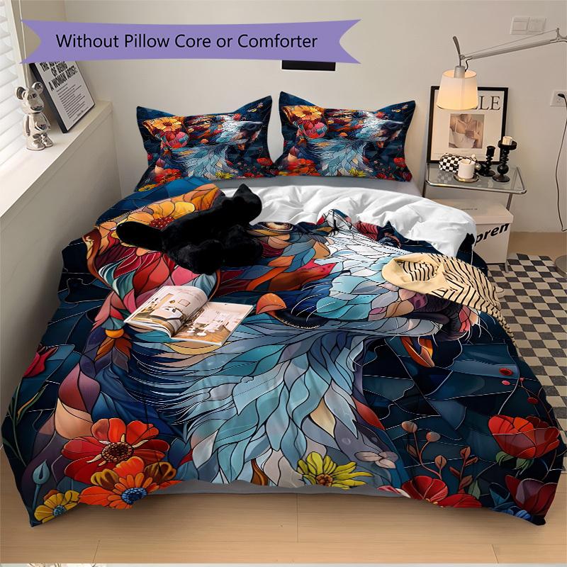 3pcs Stained Glass Dog Duvet Cover Set, 1 Duvet Cover + 2 Pillowcases (No Insert), High-Definition Print, Home & Dorm yy251123041