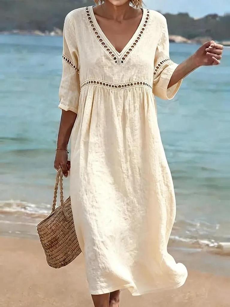 2026 Abito Elegante Casual da Donna a Scollo a V Monocolore Primavera/Estate