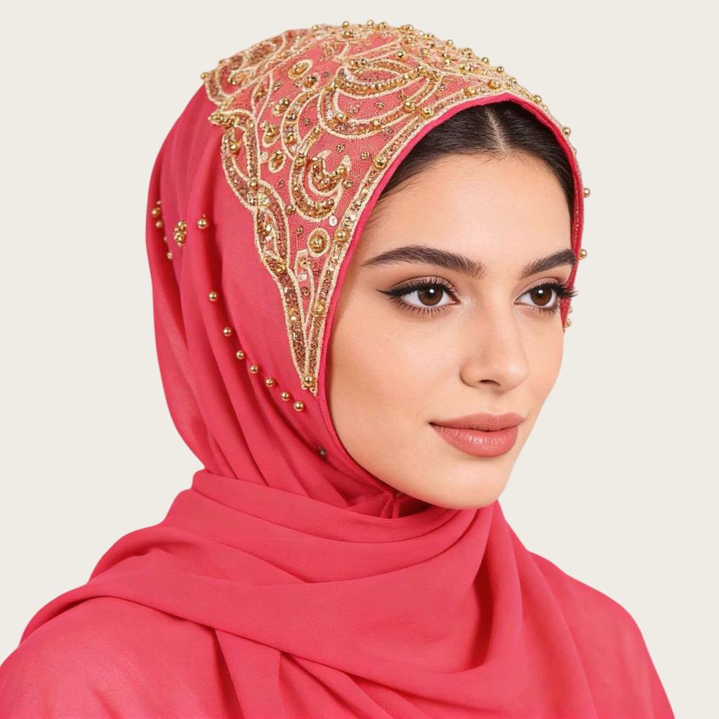 Ethnic Beaded Hijab Scarf for Women Chiffon Musilm Long Scarf Shawls Head Wrap Scarves for Wedding Evening