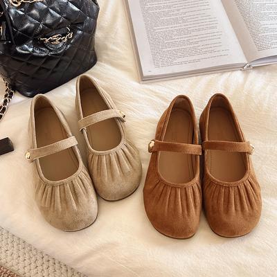 Gefaltete Wildleder-Schuhe mit flachem Ausschnitt, Damen Frühjahr und Herbst 2025 neu, retro, sanft, feenhaft, lässig, dicksohlige Mary Jane Schuhe