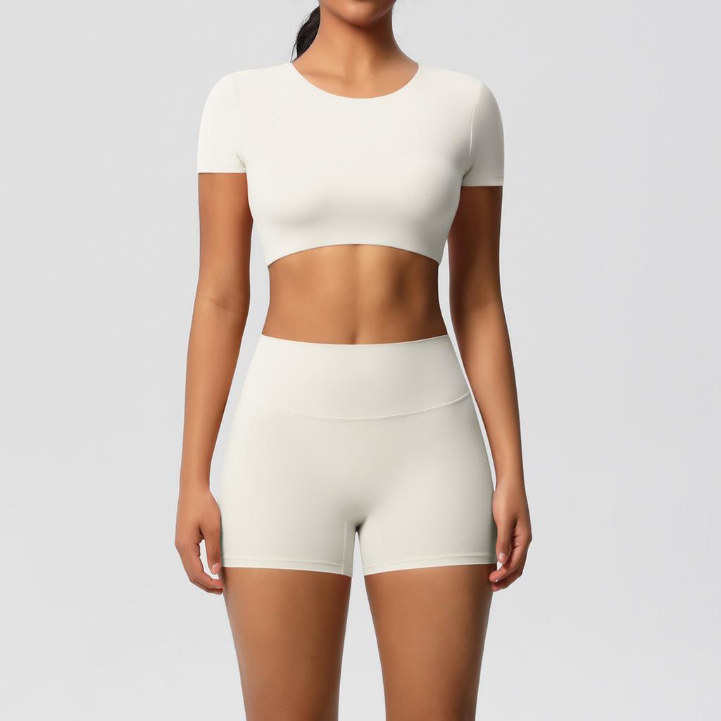 Spot Solid Color Double-sided Abraded Chest Yoga Suit, Running Sports Fitness Suit, Short Two-piece Set for Women