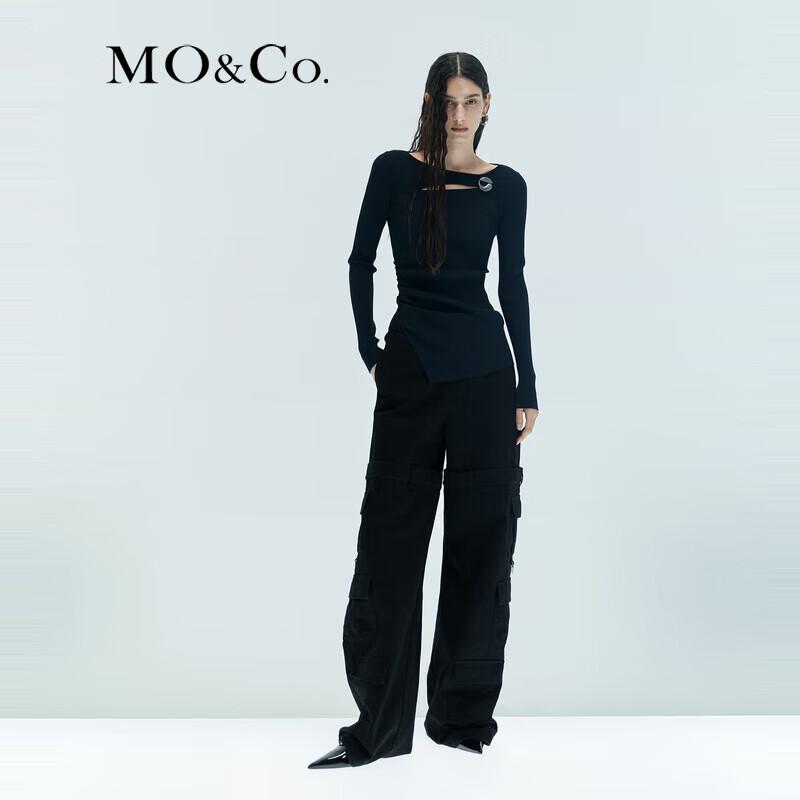MO&Co. Fine-Spun Knit Sweater with Brooch & Slit Detail