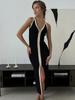Contrast Spliced Halter Maxi Dress For Women V Neck Backless Front Split Ladies Holiday Robe