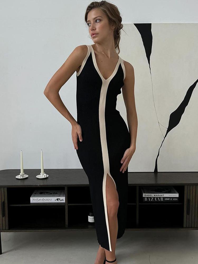 Contrast Spliced Halter Maxi Dress For Women V Neck Backless Front Split Ladies Holiday Robe