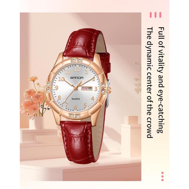SANDA Womens Watch Original Elegant Simple Quartz Wristwatch Waterproof Luminous Leather Strap Ladies Watches Women's Gift
