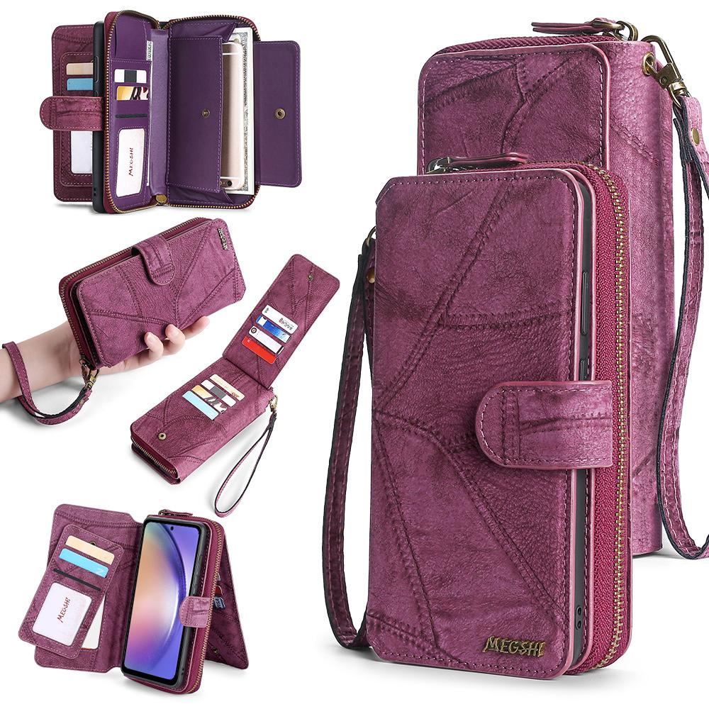 

MEGSHI 004 Series For Samsung Galaxy A14 4G/5G Zipper Wallet Case Detachable PU Leather Stand Phone Cover Wine Red