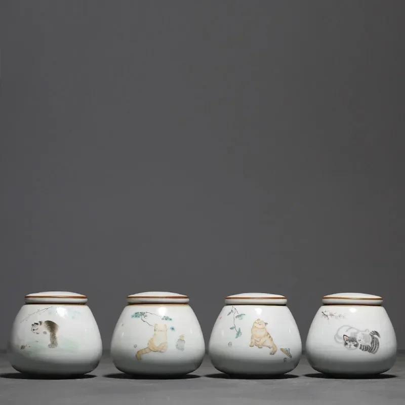 Chinese Ru Kiln Ceramics Tea Caddy Cute Cat Pattern Sealed Tea Leaf Container Travel Tea Bag Storage Box Kitchen Spice Organizer