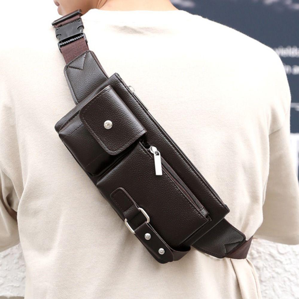 Waterproof Multi Pocket Fanny Pack Adjustable Belt Strap PU Leather Waist Bag Man
