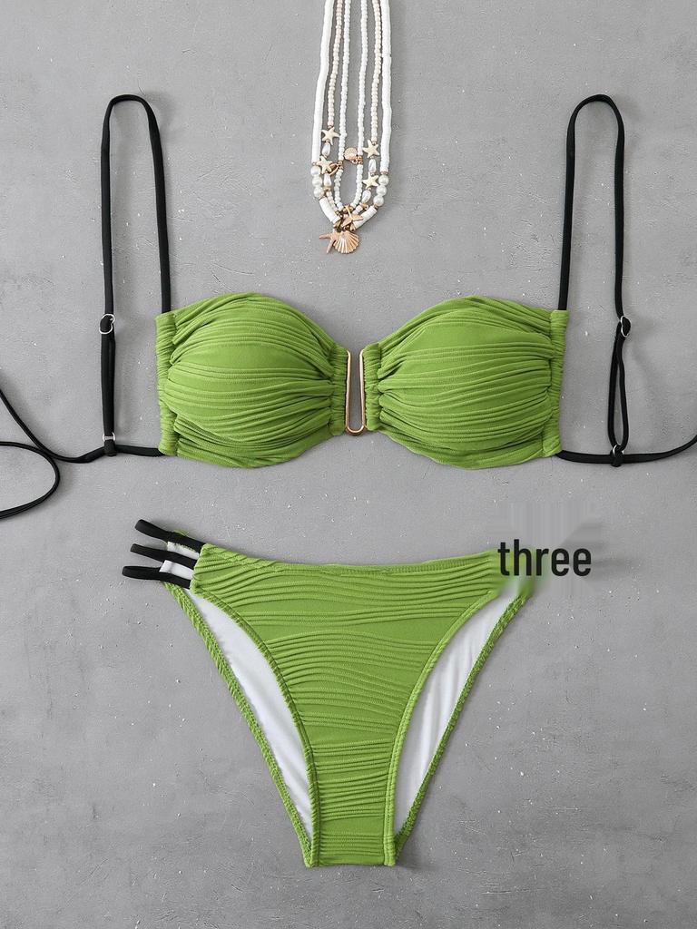 2025 European & American Strappy Backless Pleated Bikini Set – Solid Color Swimwear