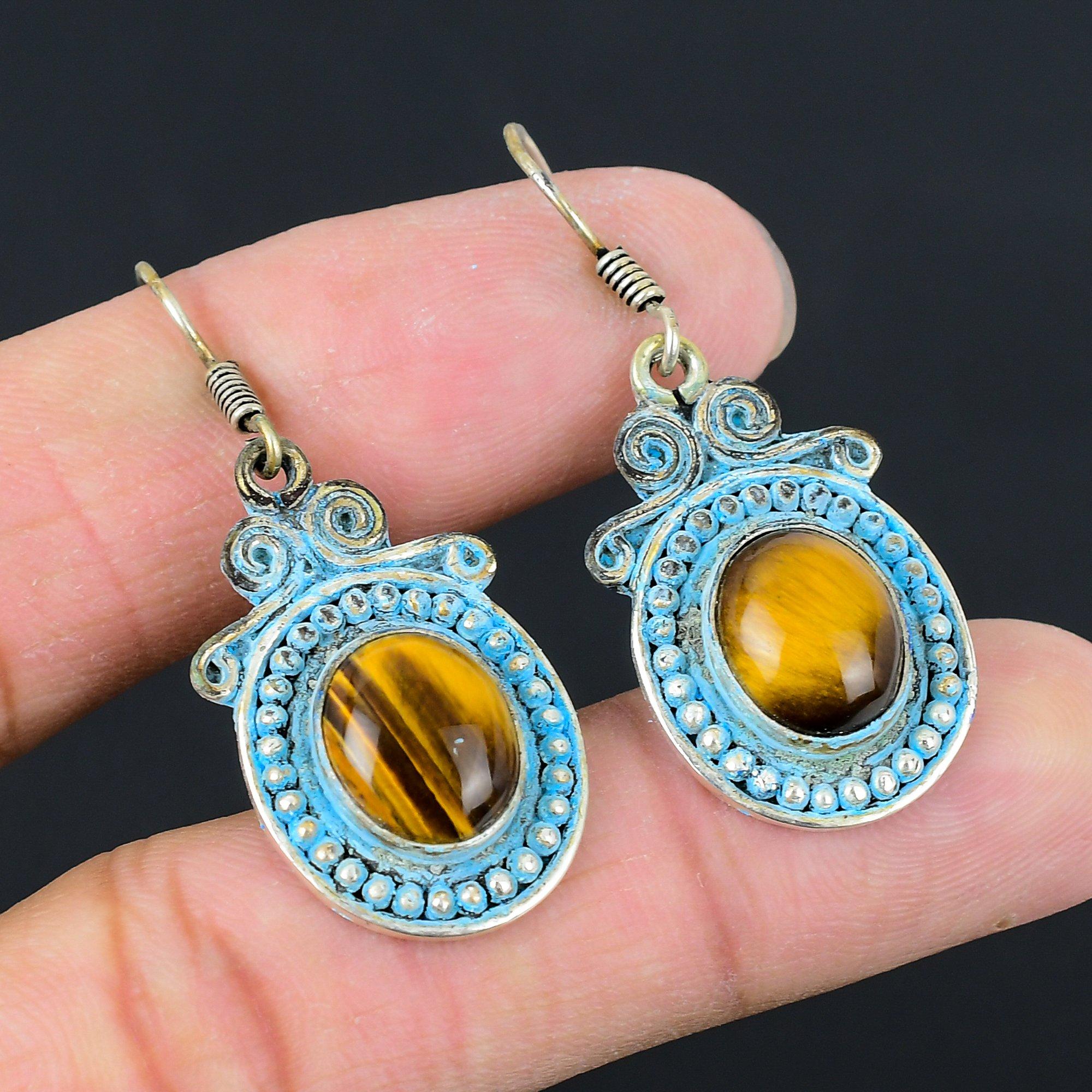 

Natural Tiger Eye Gemstone 925 Sterling Silver Drop/Dangle Earrings For Girls