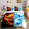 Fire And Ice Split Bedding Set, Dual Tone Red Flame Blue Smoke Bird Graphic Duvet Cover Set, Bed Linen For Youth Gamers Room