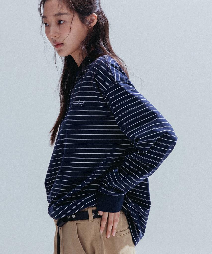 ANNEHEARTS Pin Stripe Collar Polo Tee_Navy