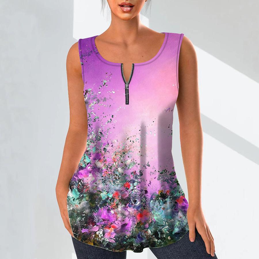 Cămăși cu decolteu în V de modă pentru femei Topuri ocazionale Tricou pentru damă, cu flori redate în 3D, vestă cu imprimeu, bluză de dimensiuni mari, fără mâneci, maiuri