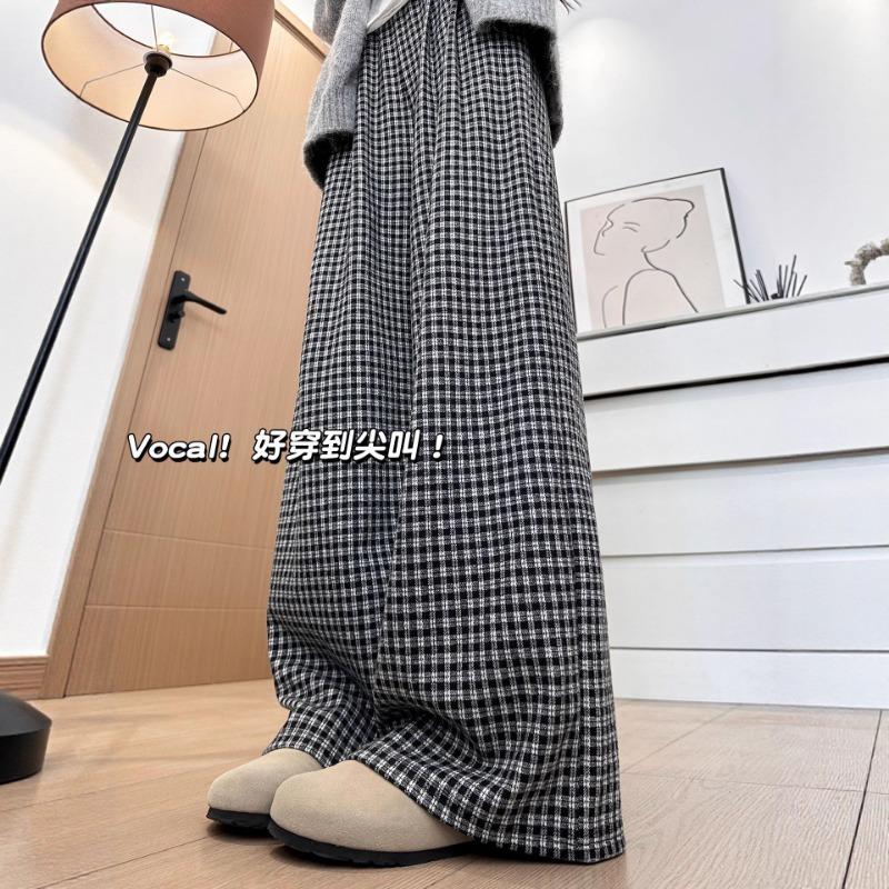 Black and White Plaid Pants Children's New Autumn High Waist Drape Loose Casual Small Woolen Wide-leg Pants