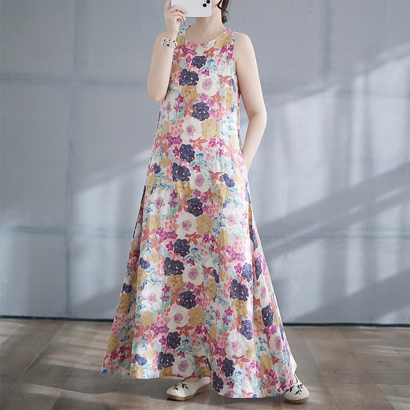 DIMANAF 2025 Women Summer Dress Ladies Basic Long Linen Flower Dress 8135