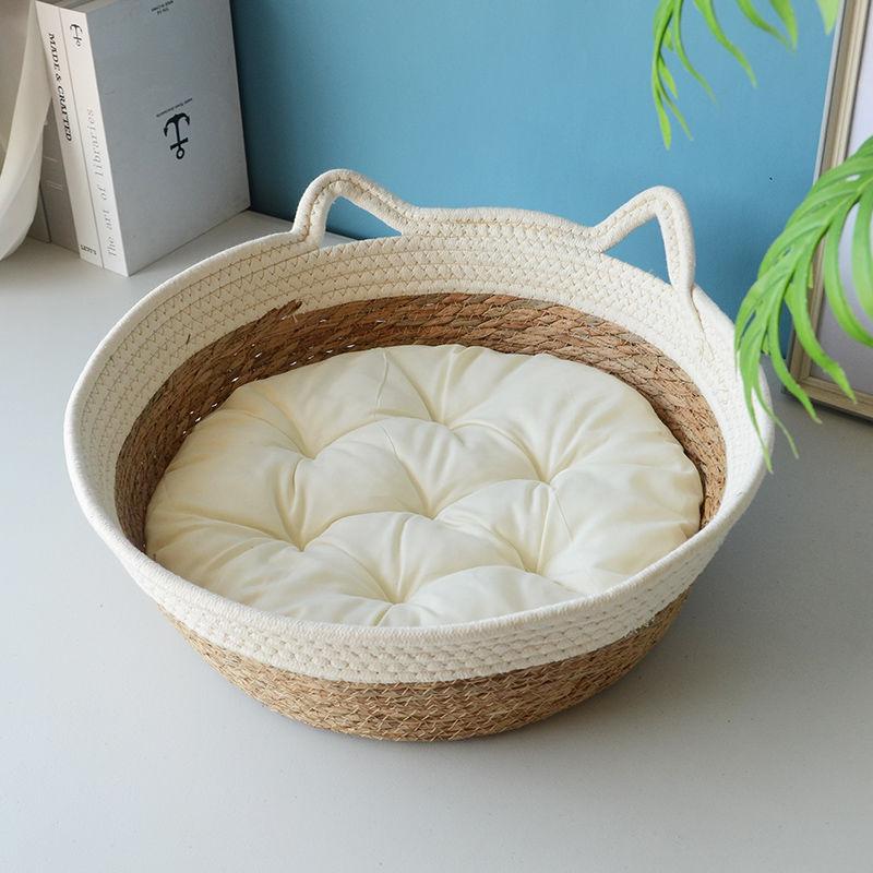 

OUZEY Rattan Woven Pet Cat Bed With Cushion Soft Warm Comfortable Sleeping Basket For Cats Four Seasons Puppy Kitten Bed S 35CM