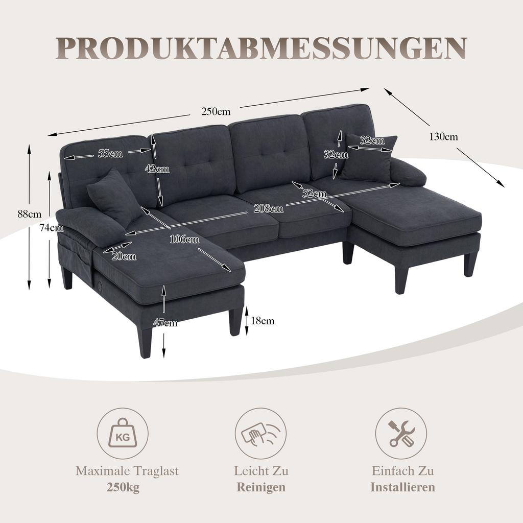 Large U-Shaped 4-Seater Sofa in Soft Linen Fabric, Modern Backrest, Two Chaise Lounges, Sturdy Legs, Cozy Seat Cushions, Decorative Pillows, Dark Grey