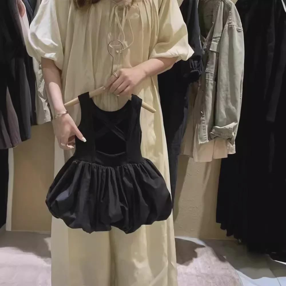 Korean Girls' Backless Black Dress - Floral Puffy Skirt Vest Style