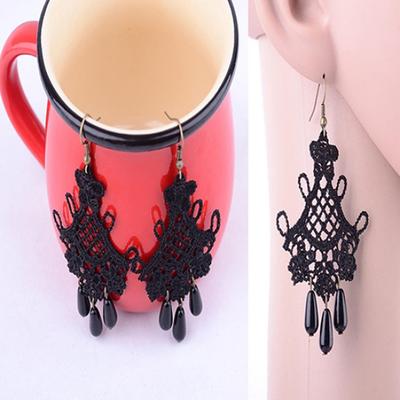 Retro Vintage Halloween Black Lace Tassel Statement Dangle Hook Earrings Jewelry