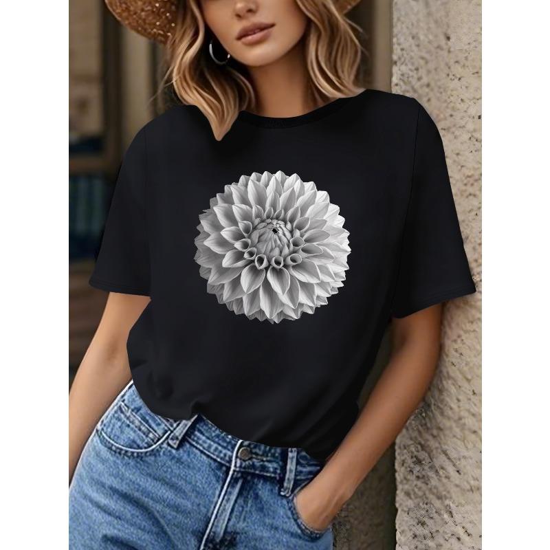 European Size teediy flower Monochrome Dahlia Floral Art Women's Tshirt comfort fit