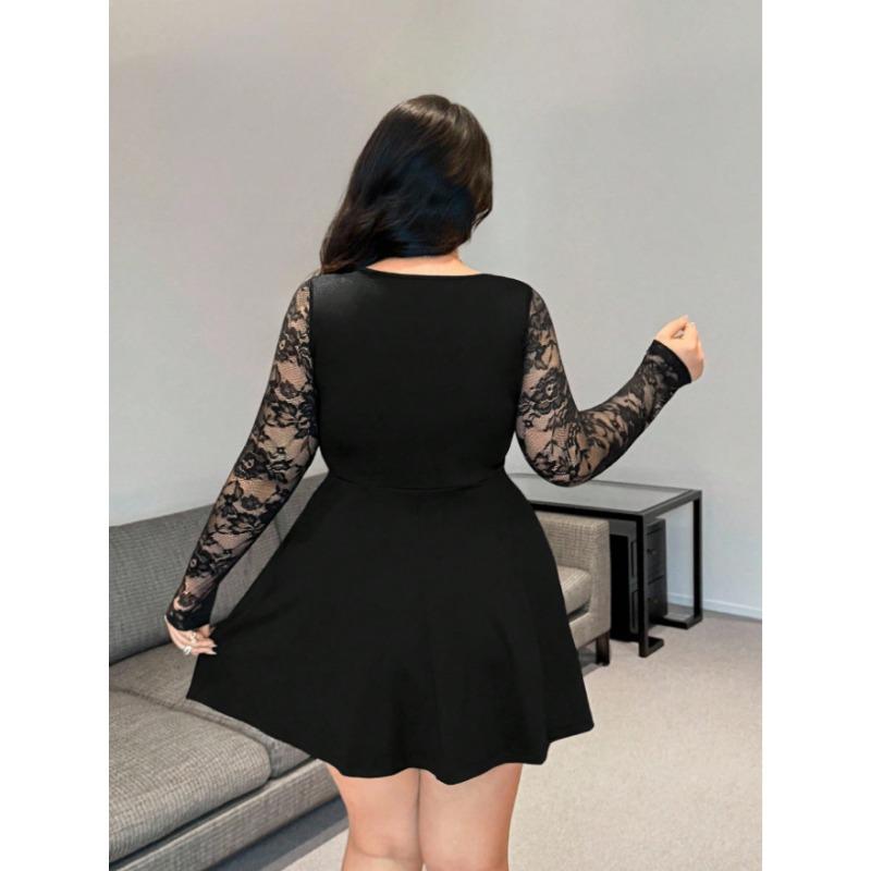 Women Elegant Long Sleeve Square Neck Solid Color Lace Patchwork A Line Casual Vacation Dress