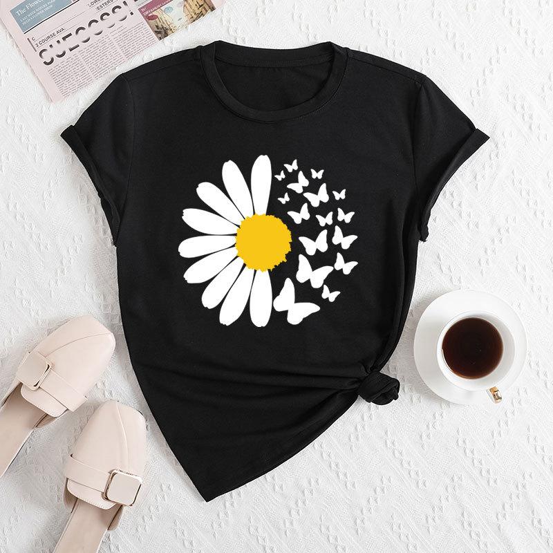 Summer Women's Daisy Butterfly Print Loose Round Neck Casual Pure Cotton Short Sleeved T-shirts Women's
