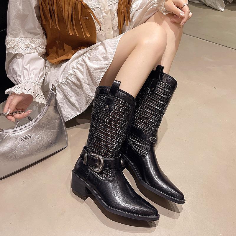 Fashion 2025 Summer New Fashion Woven Cutout Block Heel Cool Booties Personality Summer Boots Women's Shoes