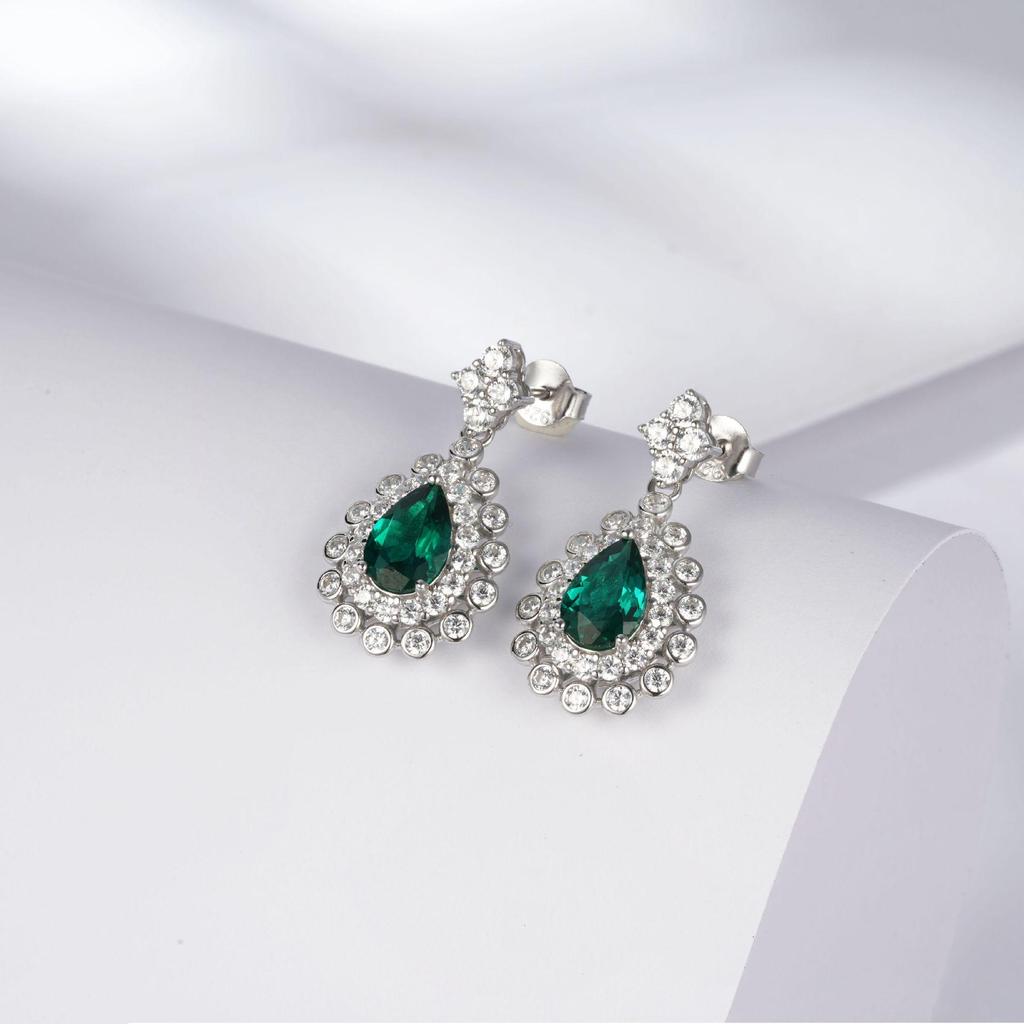 Sterling Silver Water Drop Emerald Earrings - Simple Women's European & American Fashion