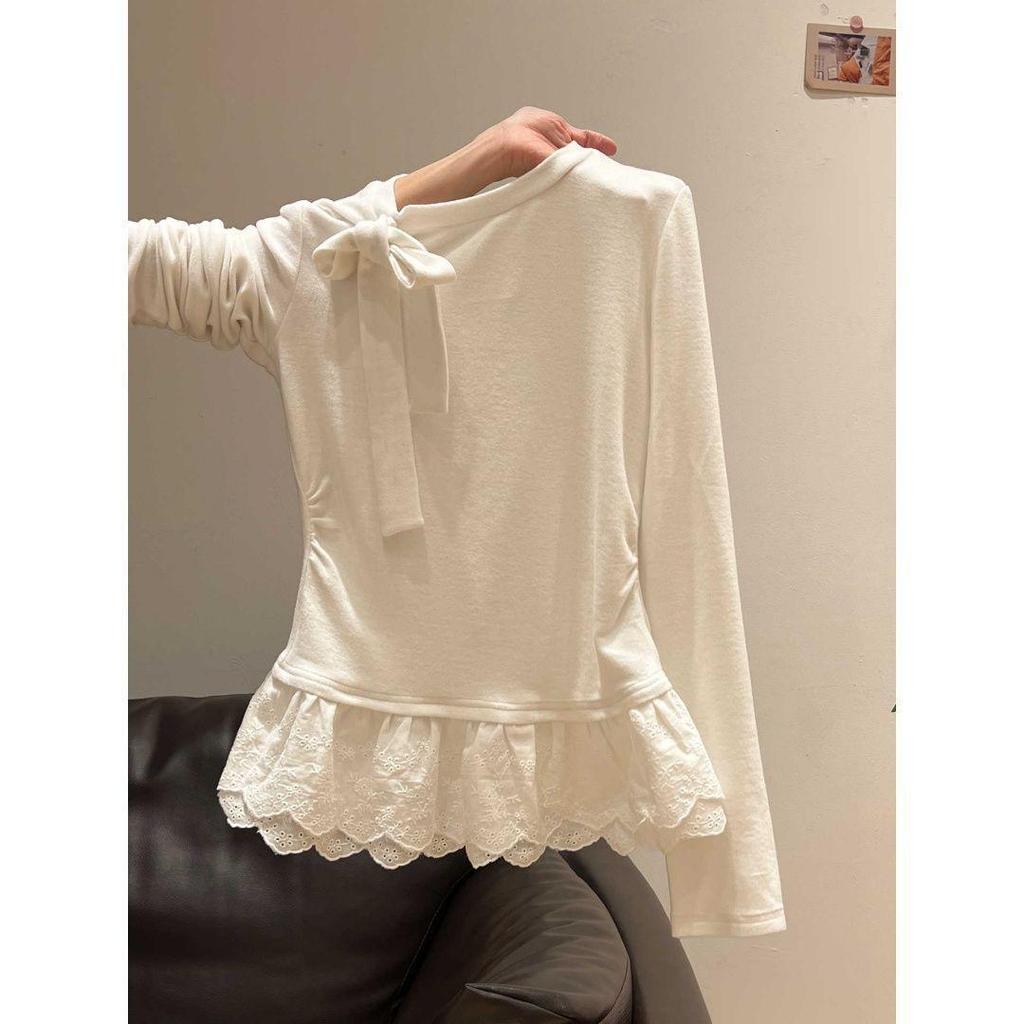Plus Size German Velvet Lace Patchwork Long Sleeve Slim Fit T-shirt - Autumn/Winter Fashion Women's Top
