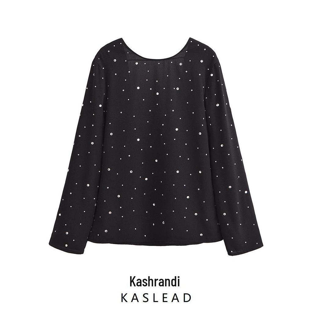 2024 Winter Women's European & American Style Backless Sequin Crew Neck Long Sleeve Top
