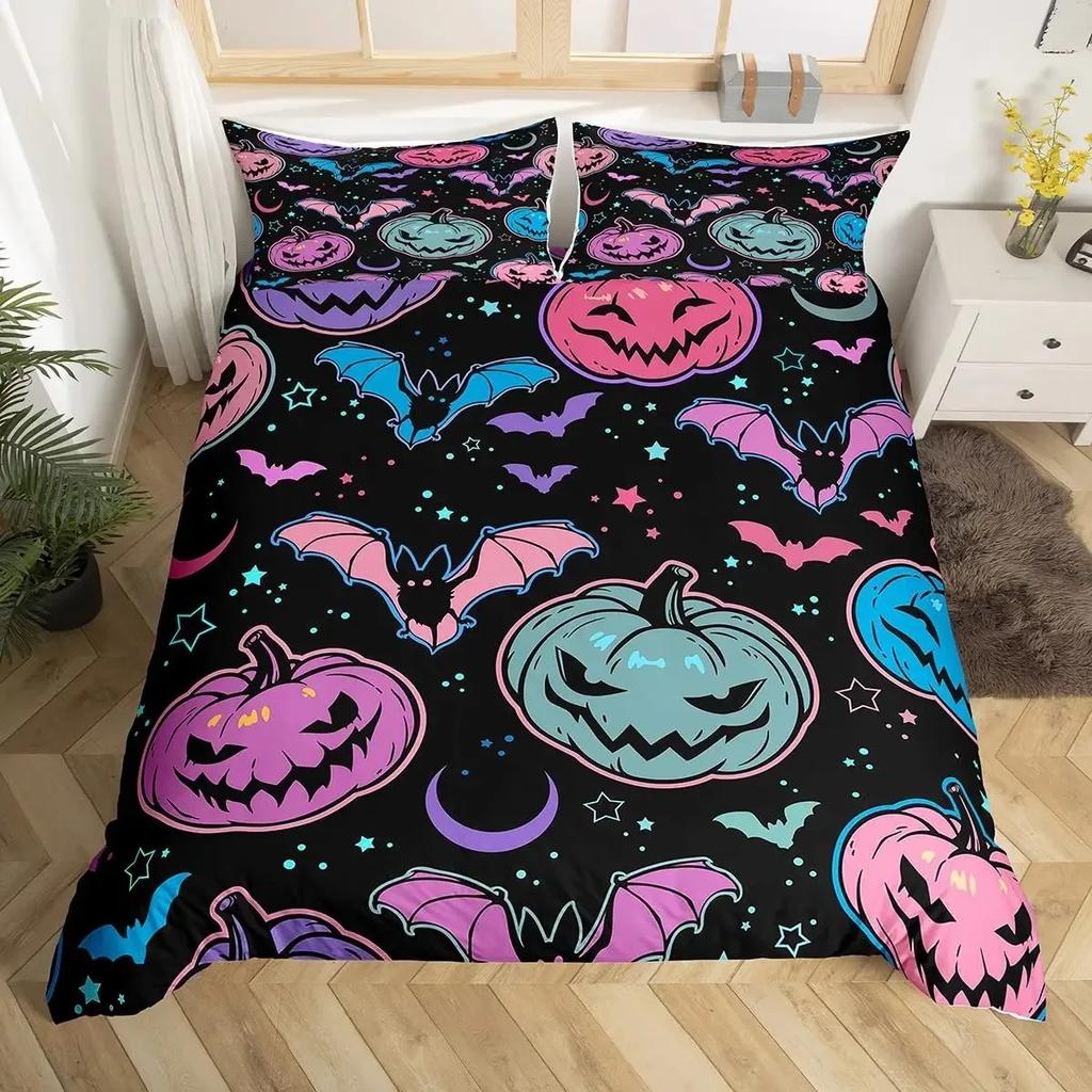 Halloween Duvet Cover Set Gothic Spooky Bedding Sets,Pumpkin Lantern Comforter Cover Horror Ghost Witch Hat Cat Bat Quilt Cover