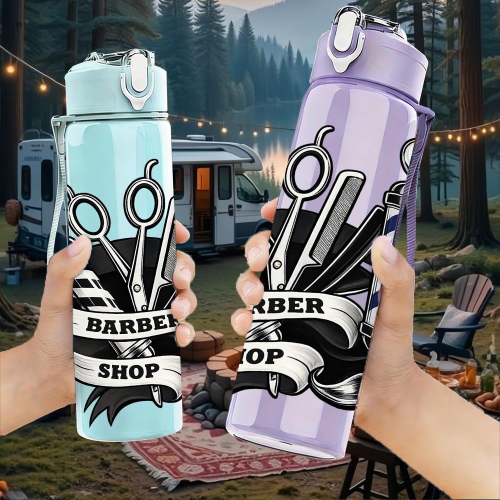 1PC Barber Scissors Razor Badge Print 750ml Color Plastic Sports Water Bottle Leakproof Flip Straw Lid Suitable for Sports Office Home Use