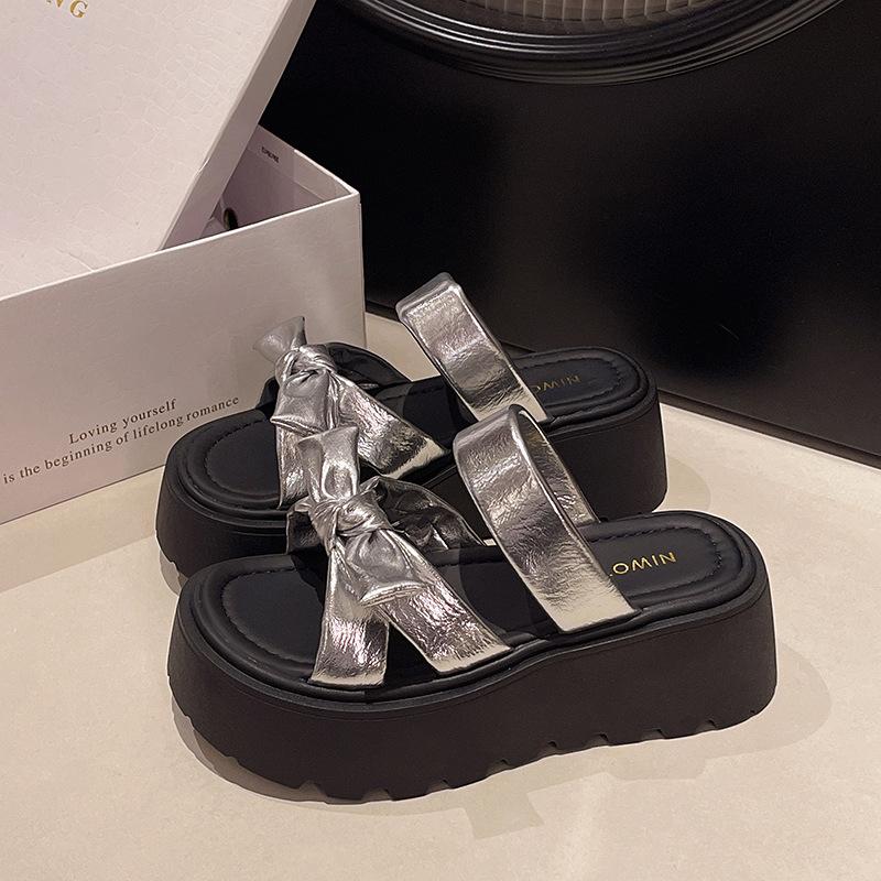 2025 Summer Women's Cool Slippers Casual Bow New Outer Wear Thick-soled Skirt One-word Drag 100 with Height Increase Drag