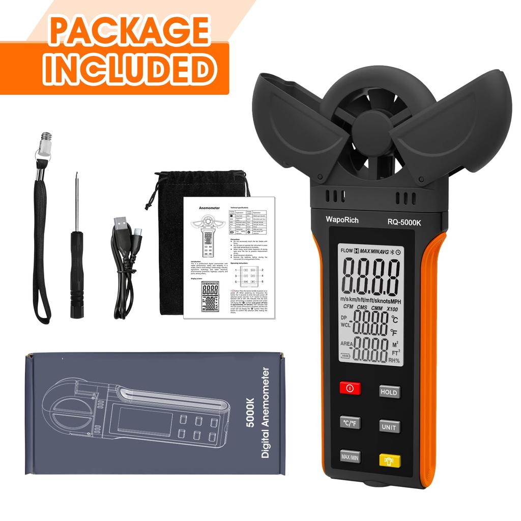 WapoRich Digital Anemometer Hygrometer RH Hygrometer Monitor 6 Types of Ambient Wind Speed Unit Selection Wind Speed with Large LCD Screen Air Volume