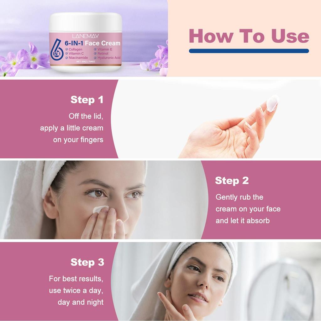 6-IN-1 Face Cream-Soften & Smooth-Firms & Delicates-Moisture Last 24 Hours-Suitable For All Skin Types, 50g