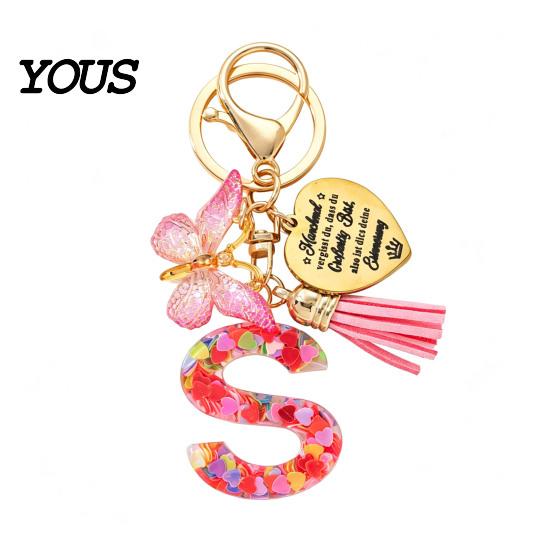 Keychain Pendant Pendant, Sequins Initial Letter Charm Key Chain with Butterfly Tassel Stainless Durable Steel Heart Design, A-Z Holder for Bag