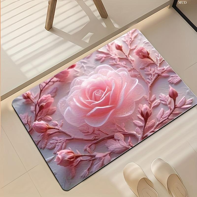 1Pcs  Pink Rose Pattern Floor Mat Modern Kitchen Polyester Rug Non-Slip Colorful Indoor Carpet, For Home Bathroom Bedroom Living Room Decor