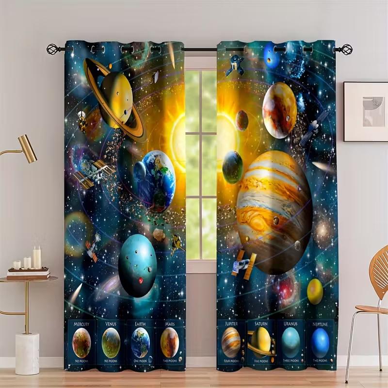 

Set Of 2 Cosmic Planets Print Curtains Suitable Bedroom Living Room Kitchen Decoration Home Window Curtain Polyester Ideal For Sitting W100*H70(CM)-Grommet top&1PCS