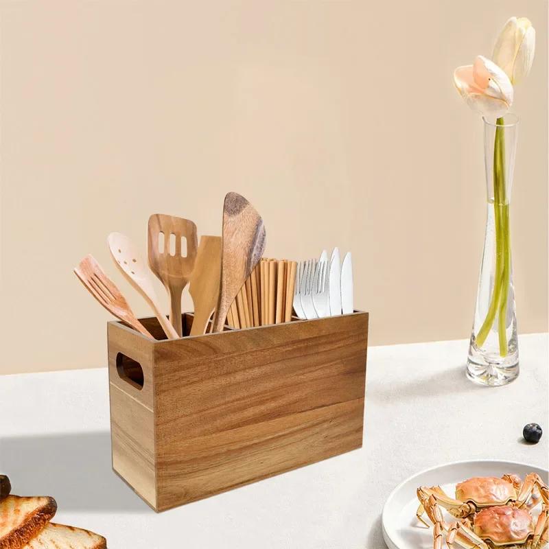 Wood Kitchen Utensil Storage Rack with Removable Divider for Spoon Fork chopsticks Tableware Countertop home Kitchen Organizers