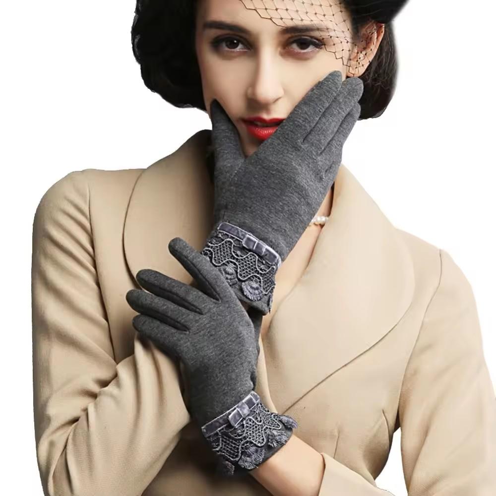 Ladies Outdoor Keep Warm Touchscreen Women Winter Lace Thermal Gloves серый