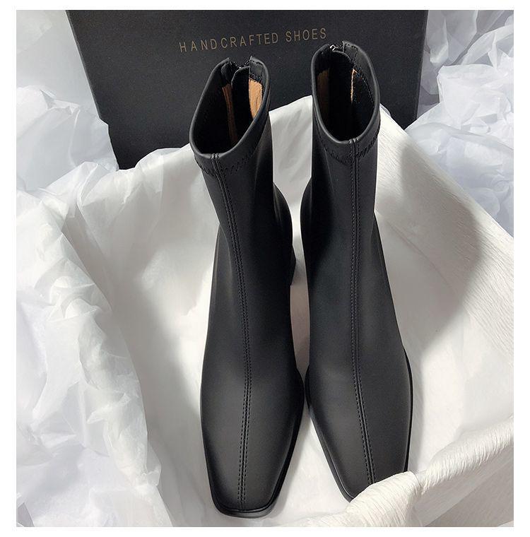 2025 Autumn/Winter Women's French Square-Toe Chunky Heeled Boots: Elegant, Elastic, Skinny, and Fashionable