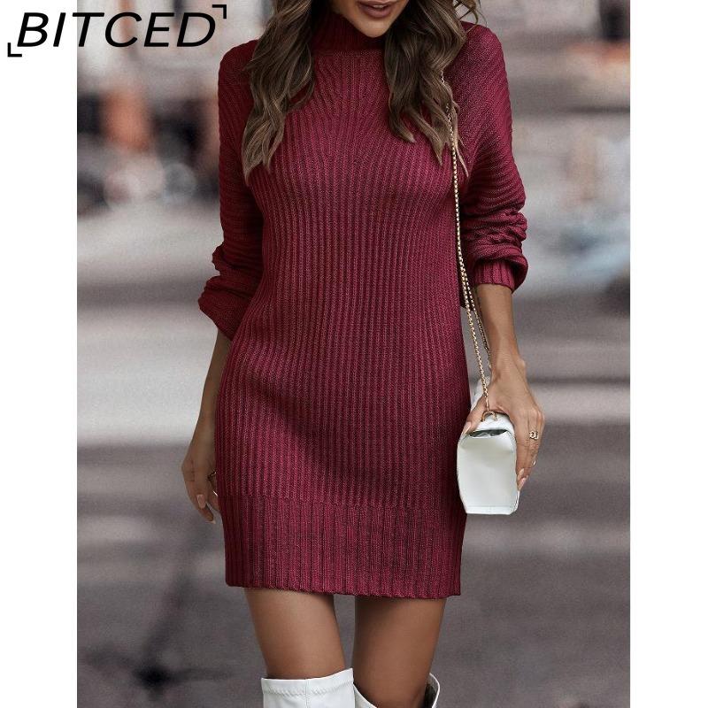 BITCED Fall/Winter Solid-Color Long-Sleeve Fashion Turtleneck Sweater Dress for Women