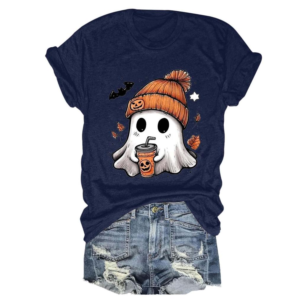 Women's fashionable casual short-sleeved Halloween printed round-neck top