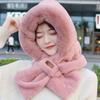 Womens Winter Knit Hooded Hat Scarf Combo With Ear Protection Cute Plush Warm Beanie Outdoor Walking Cycling